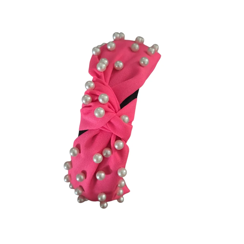 Pink Pearl-Embellished Knotted Headband